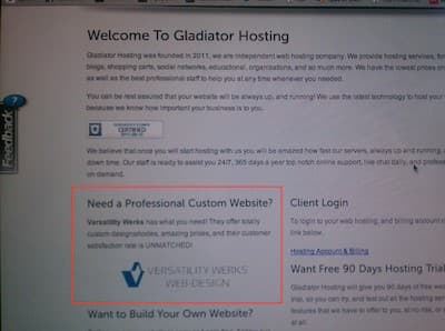 Gladiator Hosting website advertisement for Versatility Werks